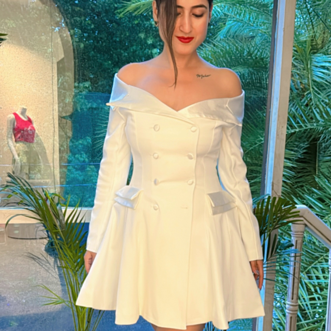 Off-Shoulder Double-Breasted Blazer Dress
