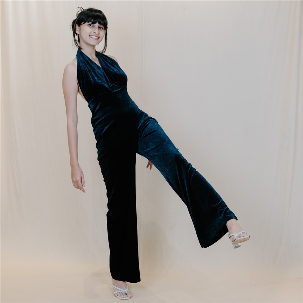Dark Green Halter Neck Backless Velvet Jumpsuit