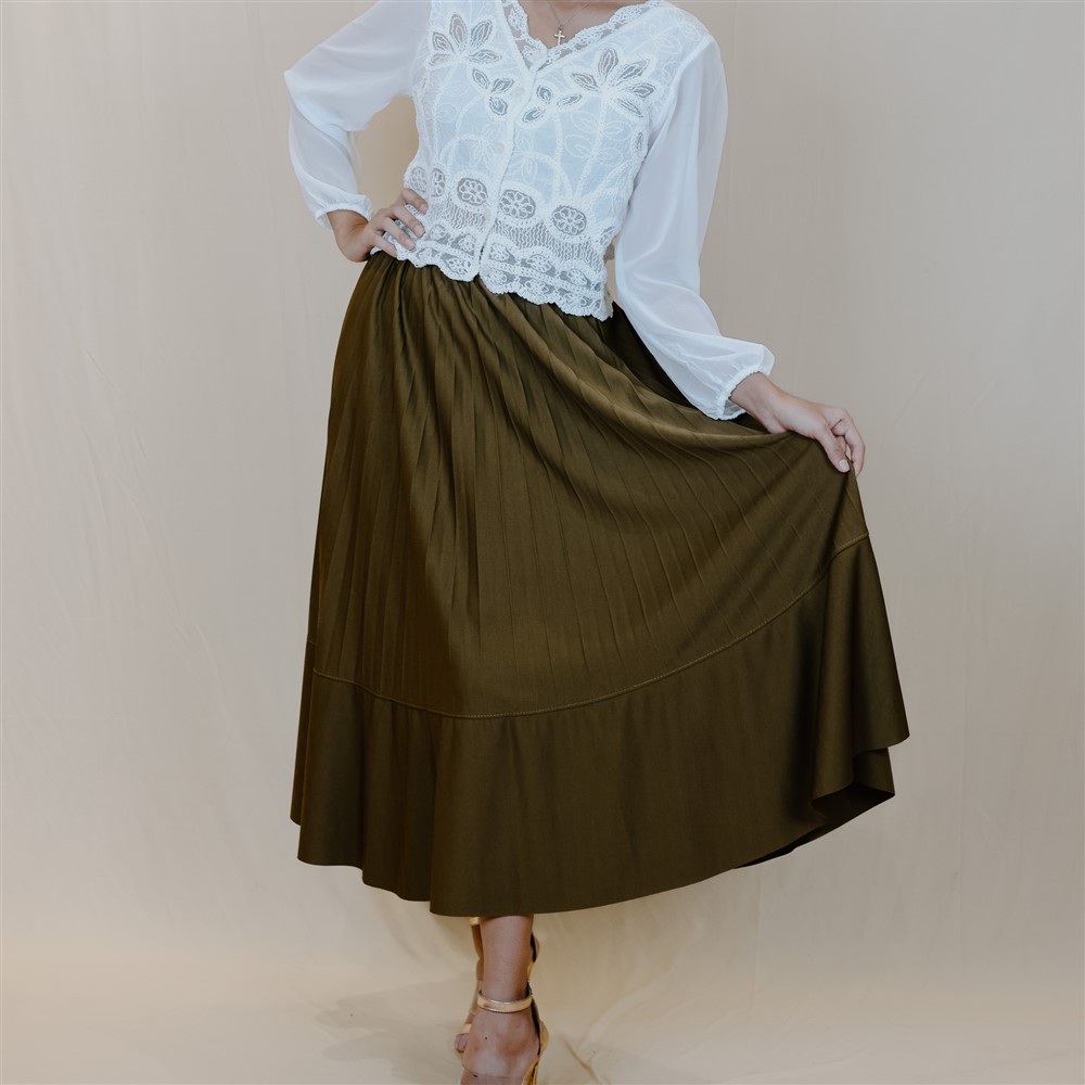 Olive Pleated Midi Skirt