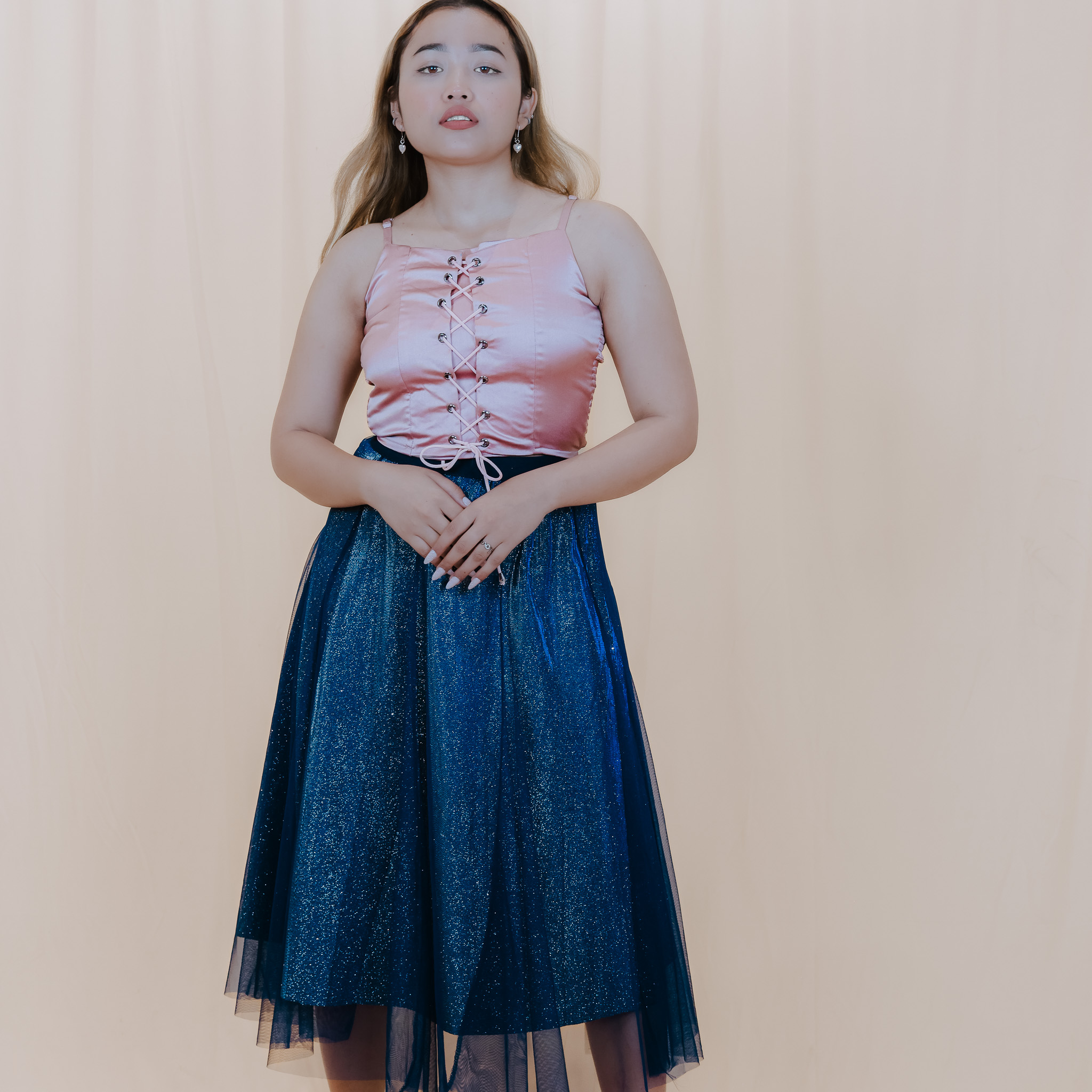 Satin Corset Top with Sparkling Mesh Skirt