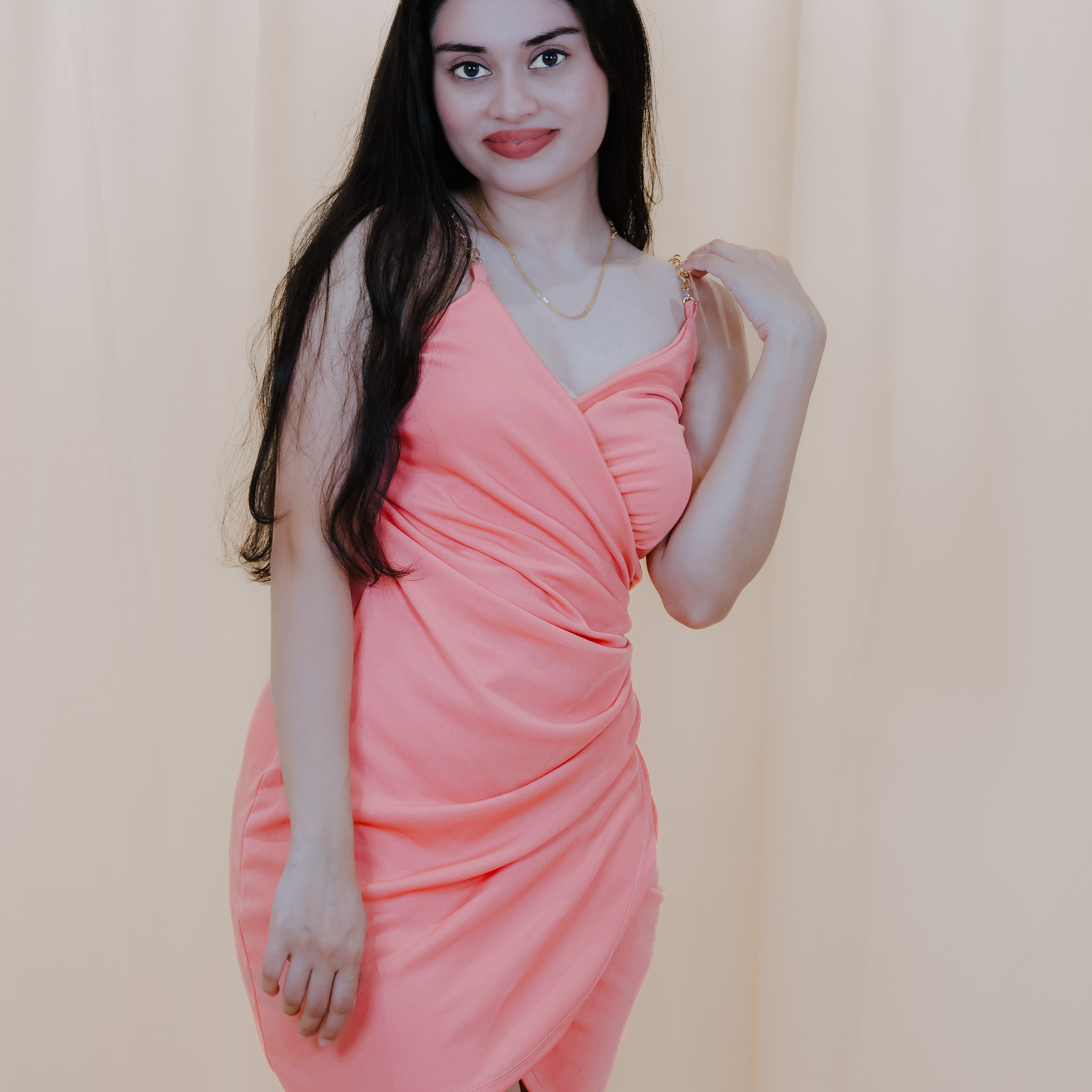 Coral Ruched Wrap Mini Dress